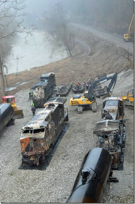 All three engines had been recovered by the afternoon of 02-18-2020. CSX derailment. Draffin KY.