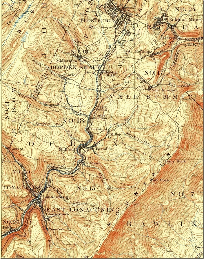 USGS Frostburg quad 1908, 1:62,500 scale. The Georges Creek & Cumberland invaded the valley from Eckhart Mines and Vale Summit. This short line was absorbed into the WM also. Frostburg MD-WV-PA, 1:62,500 quad, 1908, USGS.