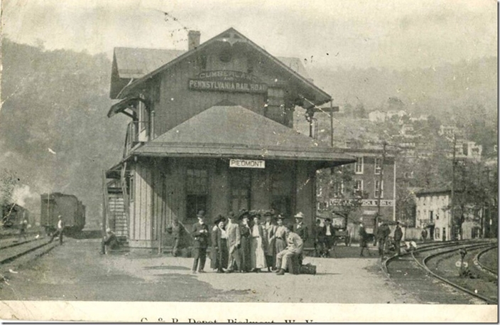 C&P depot across the Potomac River in Piedmont WV where they interchanged with the B&O. Westernport and Georges Creek are to the right. 1909.
