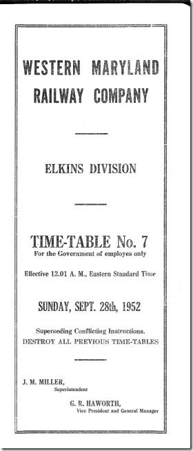 WM Elkins Timetable #7 cover. 09-28-1952.