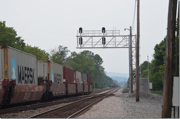 Amtrak’s Capitol Limited is fast overtaking Q136 on No. 1 track. That’s a dead coal train parked in the east siding. Amtrak 152-822. Green Spring WV.