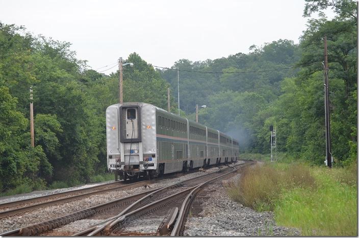 P030 will cross back to No. 2 Track at Okonoko ahead of Q136. The speed signs here are 40 for passenger and 35 for freight. Amtrak 152-822. Green Spring WV. View 3.
