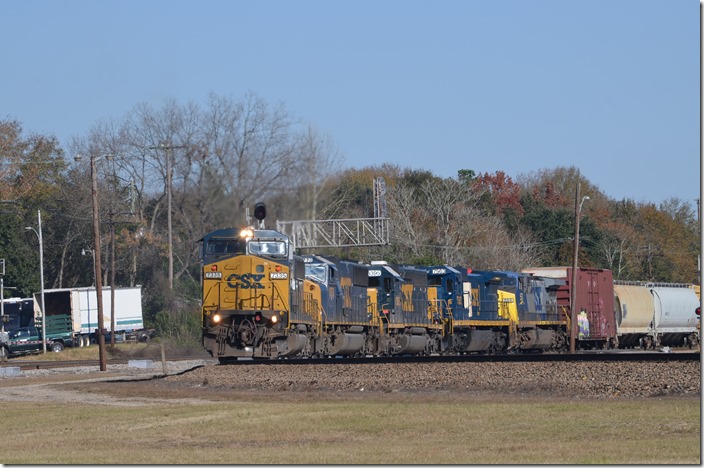 CSX (Ex-Conrail) 7335 with CSX 8548-8773-8395-7563-553 will head east to Pembroke and then south on the “A-Line” to Waycross GA. View 2. Hamlet NC.