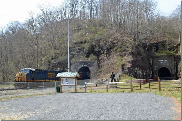 CSX 727-781-5103 hustles out of Big Bend Tunnel (completed in the 1930s) beside the historic Great Bend Tunnel of the legendary John Henry fame. T402-21 has 110 DKPX (Duke Energy) loads for one of their power plants. Talcott WV.