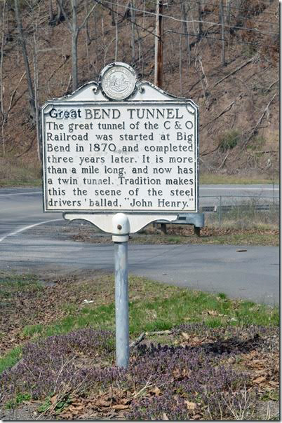 Up beside the state highway, this is the original location of the John Henry statue. Great Bend Tunnel marker. Talcott WV.