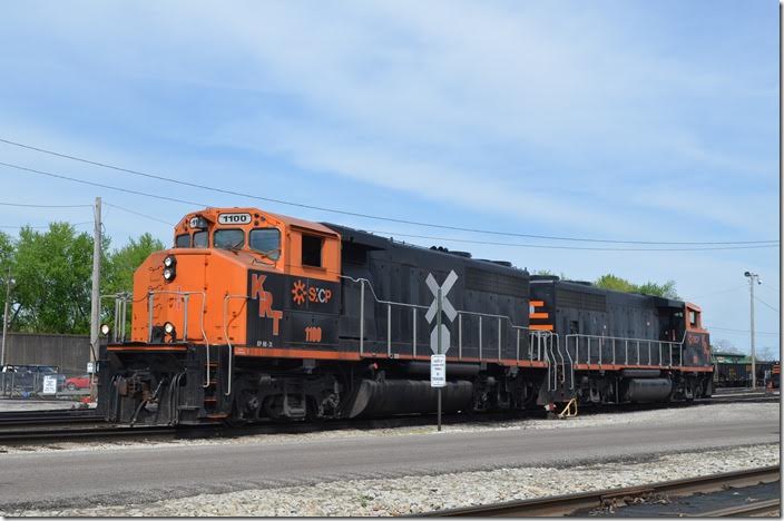 Kanawha River Terminals (SunCoke Energy) wide-cab GP40s 1100-1200 wait at the Ceredo trans-loader. 04-18-2015.