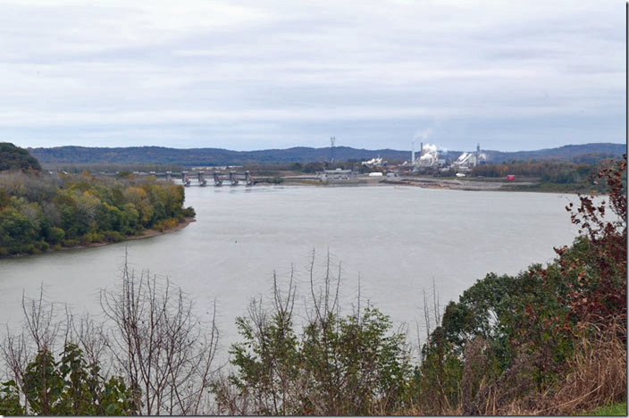 Cannelton lock and dam on the Ohio River. Domtar integrated pulp and paper mill on the Kentucky side. Skillman KY.
