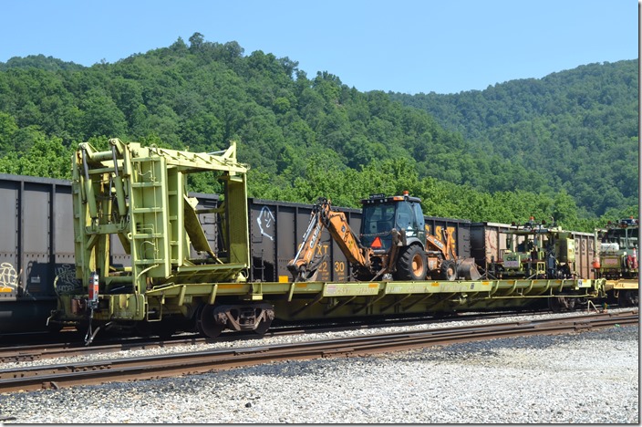 This equipment would soon be unloaded and spend several days on the Sandy Valley & Elkhorn Subdivision replacing ties between Shelby and Esco. CSX MW 912307. Shelby KY.