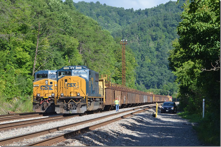 The train is tied down in #1 and the crew will get transport to the motel in Pikeville. CSX 4566. View 2. Shelby KY. 08-02-2020.