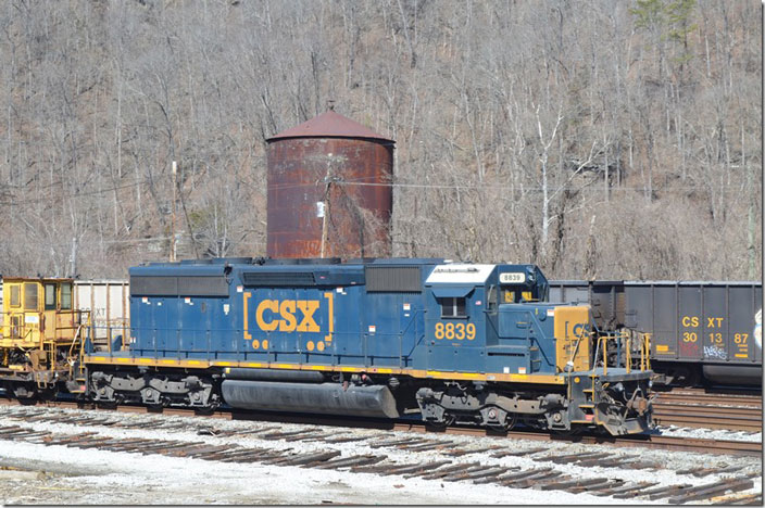 CSX ex-CR SD40-2 8839 on the W012 rail train parked at Shelby on 03-06-2021. Shelby KY.