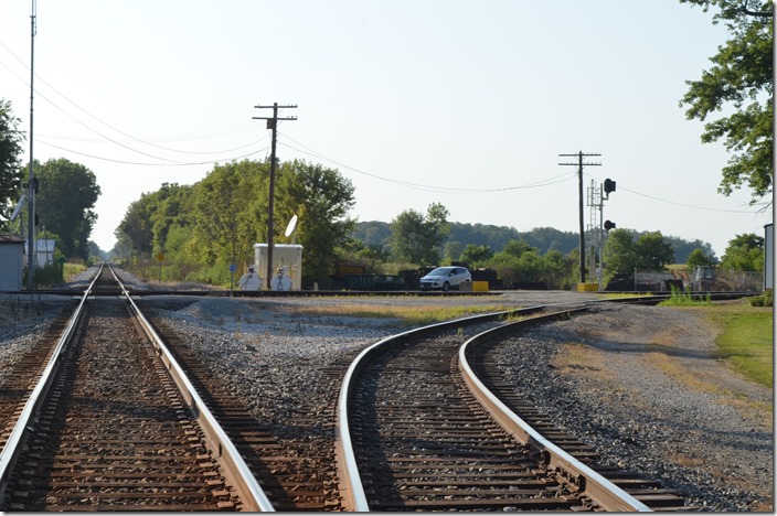 Looking west on the Indianapolis Sub. (route of the Cardinal) and the connection going around to the right to the Indiana Eastern. CSX Indiana Eastern crossing. Cottage Grove IN. 08-04-2019. 