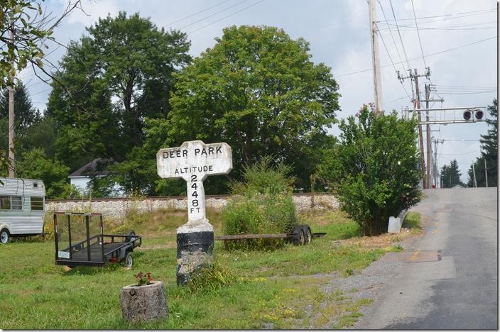 Here’s a B&O artifact that someone moved off the property. Deer Park, as I recall, was famous for bottled water used by the B&O. B&O altitude sign. Deer Park MD.