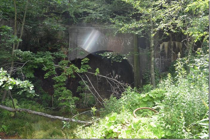 The west portal of old Kingwood Tunnel is now sealed up. B&O Kingwood Tunnel West End WV.