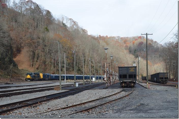 Passing Dante Yard and the inactive engine terminal. The yard is now a repository for stored coal cars. CSX 4384-9999. Dante yard VA.