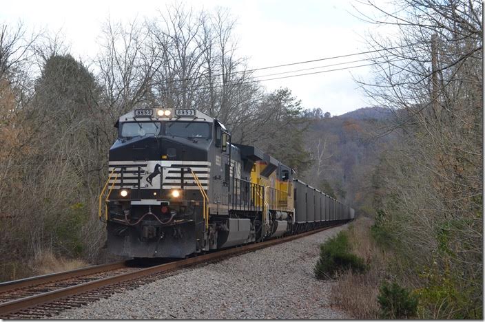 NS 8953-UP 8850 on 68V (Pounding Mill quarry at St. Clair to Catawba NC) with 59 loads of scrubber limestone for the power plant there. MP 62.87 at Wood VA.