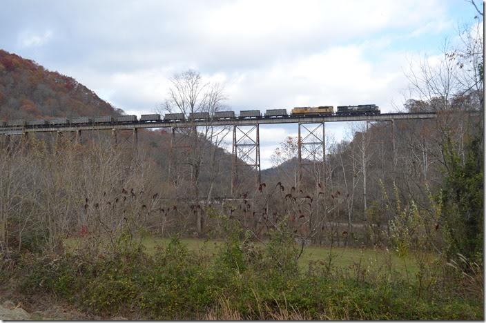 NS 68V crossing Copper Creek Trestle. This train will get on the former Southern Ry. at Frisco and continue its trip to Bulls Gap TN, the end of the run from Carbo VA. NS 8953-UP 8850. Copper VA.