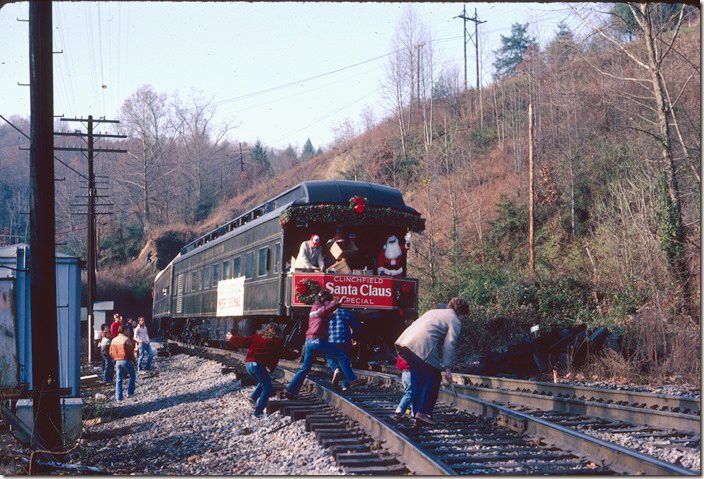 Clinchfield’s (actually Seaboard’s) Santa Claus Special wasn’t a media event back then. The train didn’t stop, so Jason had to be quick to scoop up the goodies. Santa Train 1983.