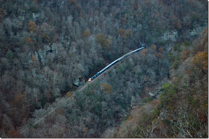 The great thing about digital is that you can practically shoot in the dark! The Santa Train exits State Line Tunnel in the gorge of the Russell Fork of the Big Sandy at the Breaks Interstate Park.