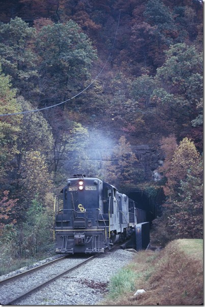 C&O 6205 on eastbound “Sandy Valley Shifter” with 96 empties. Robinson Creek Tunnel at Douglas, Ky. 10-13-74.