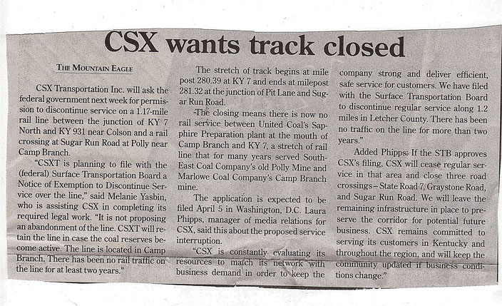 The Mountain Eagle newspaper clipping about the closure of the track.
