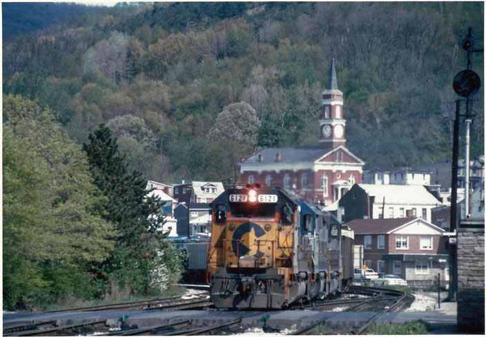 1991. Chessie 6121. At Cumberland MD, in town.