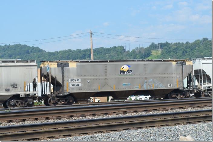 SOYX (Minnesota Soybean Processors) covered hopper 98198 is being switched at Cumberland MD on 07-17-2017. Neat logo. 