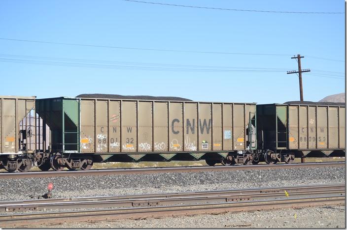 There were also some C&NW and CTRN hoppers in the train. I figure it may have loaded in Utah or Colorado. CNW hopper 880132. Yermo CA.