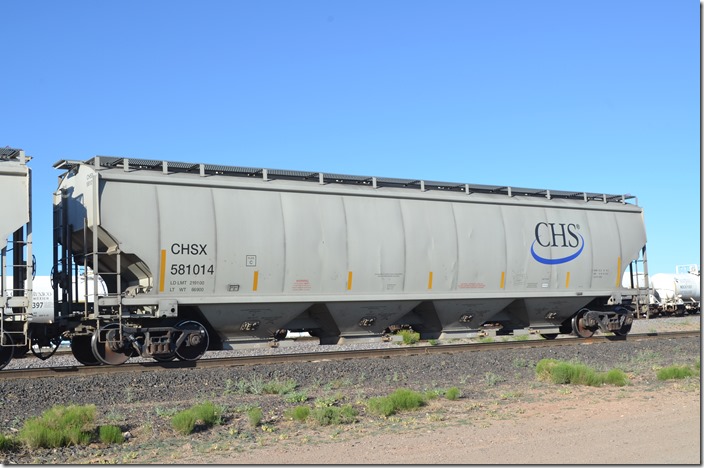 CHSX covered hopper 581014 has a load limit of 219,100 and was built by Trinity in 12-2016. CHS Inc. is the company name. Lordsburg NM.