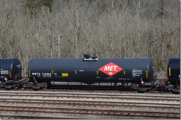 MWTX (Midwest Ethanol Transport) tank 112662 at Shelby KY on 02-15-2020. It was built by Trinity 03-2007. That logo really jumps out!