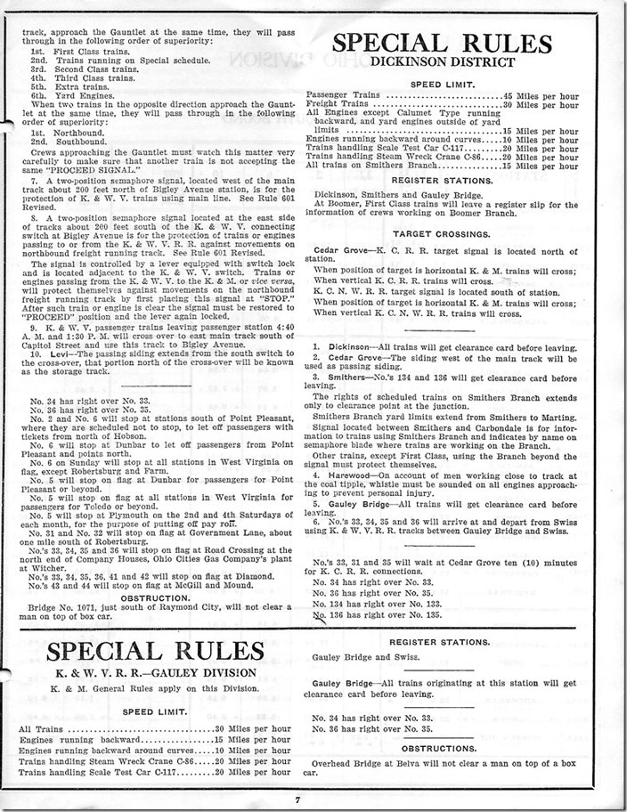 K&M - Time Table No 9, Special Rules, Gauley & Dickinson Districts.