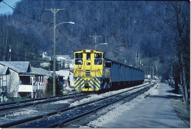 KC&NW 1. Arriving Cedar Grove with loads. 1990.