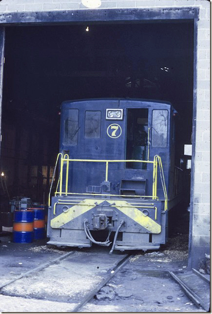 KC&NW no 7 is a 70 tonner in the engine house at Ward WV. 1972.
