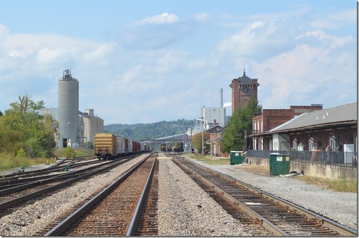 Part of Kingsport yard looking north on the former CRR main line. The former freight depot and passenger depot (the tower) are on the right. CSX yard. Kingsport TN.