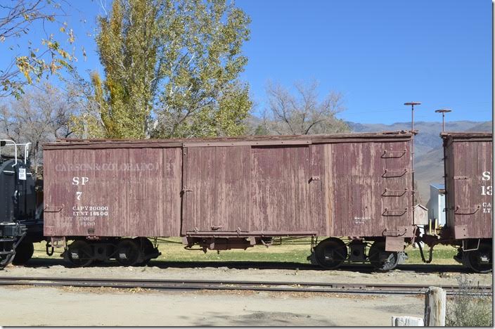 SP narrow gauge box car 7 with the Carson & Colorado showing through. Repacked 10-15-1957. Laws CA.