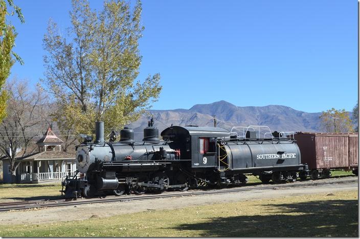 Espee 4-6-0 9 was built for the Nevada-California-Oregon Ry. in 1909. SP acquired the N-C-O in 1926 and converted it to standard gauge. No. 9 was sent to the narrow gauge ex-Carson & Colorado line into Owens Valley. Here it stayed until the end of steam operations and the line itself in 1960. SP 9. Laws CA.