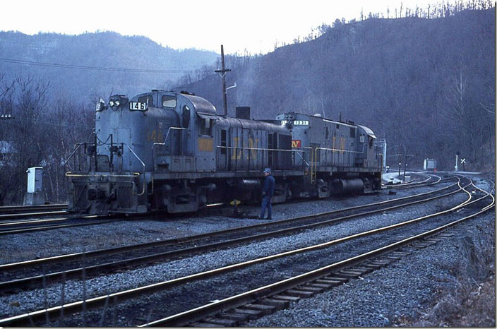 L&N RS3 146 and C420 1331 switch at the north end of Loyall Yard on a late afternoon in late 1973. Loyall KY.