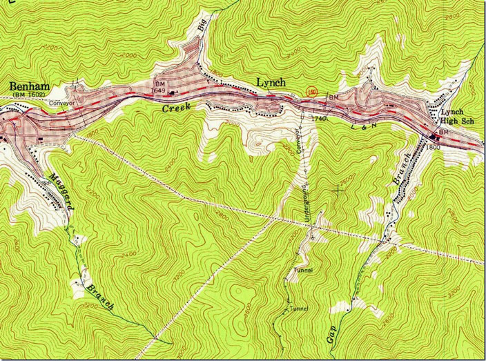 This shows the extent of Looney Creek from the International Harvester mine at the Benham conveyor and the USS conveyor at Lynch. This topo is circa 1954. Benham, KY-VA, 1:24,000 quad, 1954, USGS.