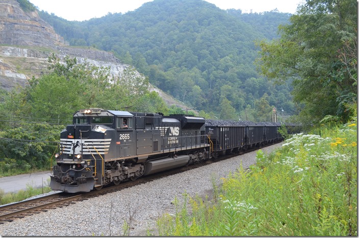 Shifter U60 has 111 loads of “Cleveland coke” from Dismal Yard for Weller. Just above Grundy. NS 2665 near Grundy.