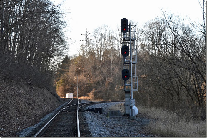 Westbound signal and east leg of Carbo wye. NS junction. Carbo VA.