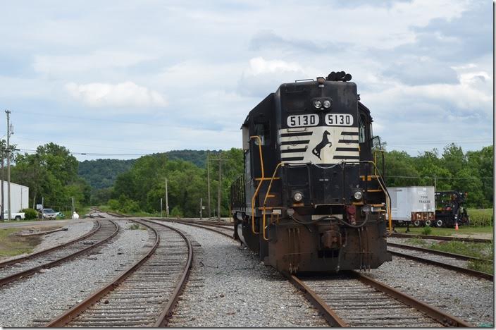 NS 5130 GP38-2 is parked on former Detroit, Toledo & Ironton track in Waverly OH. The connection with the former N&W at Glen Jean is around the curve in the distance. 06-17-2015.