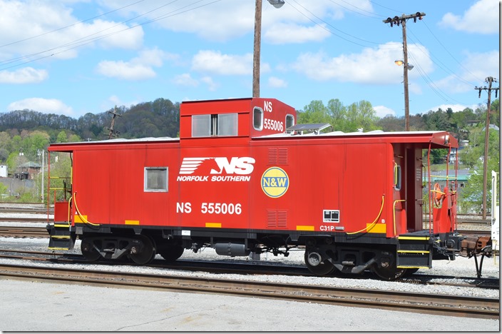 NS caboose 555006 received repairs and painting for service out of Norton VA. Nice that this ex-N&W car was historically identified with the monogram. Norton VA. 04-27-2015.