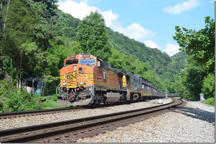 BNSF 5005-GECX 7619 lead w/b S0G-24 with 194 coke. This coke was loaded at SunCoke Energy, Vansant VA, and is going to Arcelor-Mittal in Cleveland. Naugatuck WV. 06-24-2018.