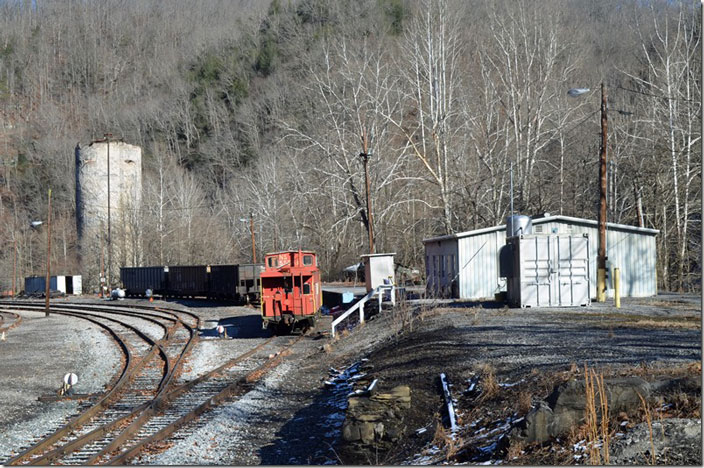 Yard office (locked up) and 200,000 gal. water tank left over from the steam age. Water tank may have been owned by USC&C. NS Wilcoe WV yard.