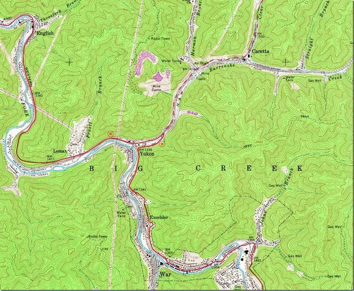 USGS 1:24,000 scale 1967 War quad showing Caretta Branch from Caretta Br. Jct. (Yukon) to Caretta. War, WV-VA, USGS.