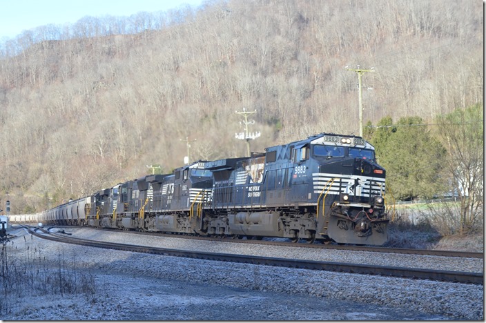 NS 9883-9363-2598-8150-2536 on e/b grain train 54W-13 (Bement IL – Winston-Salem NC) with 80 loads passes Sprigg WV. This train originated on the Bloomer Line (BLOL) at Gibson City IL.