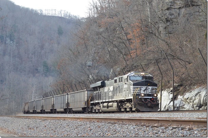 NS 8001 has 110 empties of e/b 885-17 in tow at Devon WV. The train originated at Indiana Harbor Coke in East Chicago.