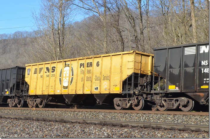 NS hopper 146313 commemorates coal Pier 6’s fifty years of service. Sprigg WV.