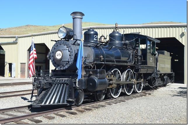 V&T 4-6-0 No. 25 was built by Baldwin in 1905 for passenger and freight service. It was built as a coal burner but converted to oil in 1907. No. 25 handled the last regular train from Virginia City in 1938. It was later sold to Metro-Goldwyn-Mayer studio. The State of Nevada acquired 25 in 1971 and returned it to operating condition.
