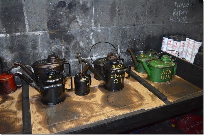 Several types of oil used on the various appliances on a steam locomotive.