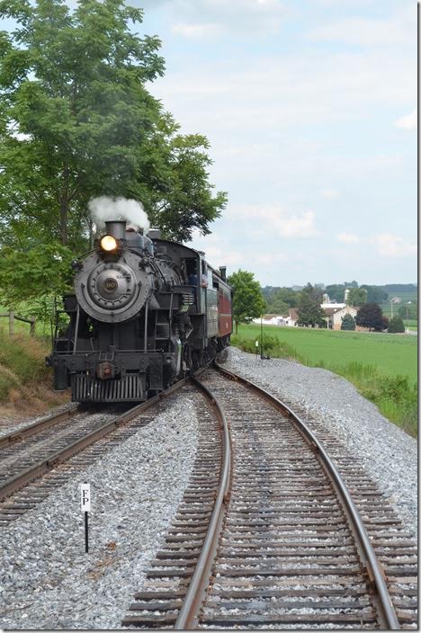 No. 90 passes our train heading toward Strasburg station. “FP” indicates the fouling point of the siding. Strasburg 90. Cherry Hill.